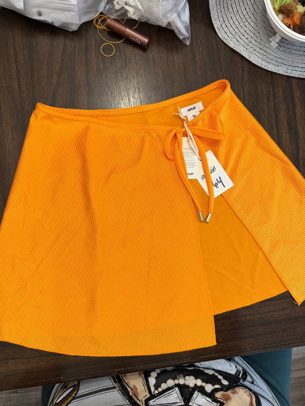 Aerie orange ribbed mini skirt cover up with tie waist size XS/S